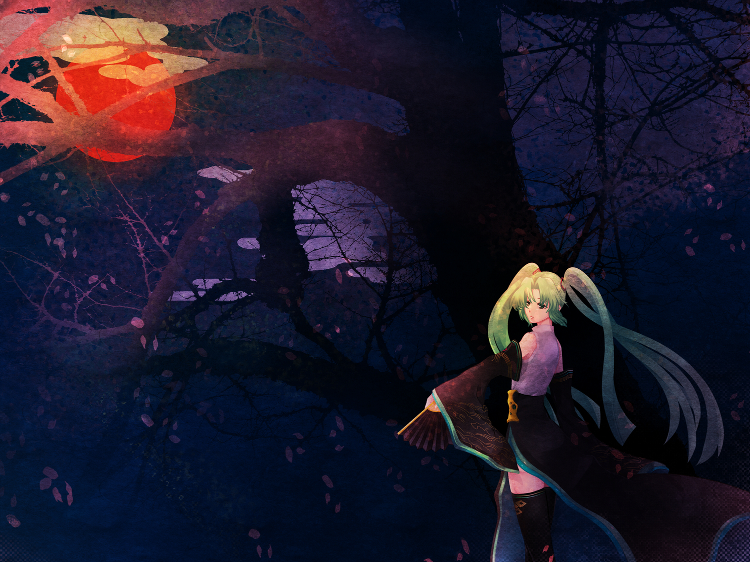 dark, fan, fukufuku, hatsune_miku, moon, night, petals, tree