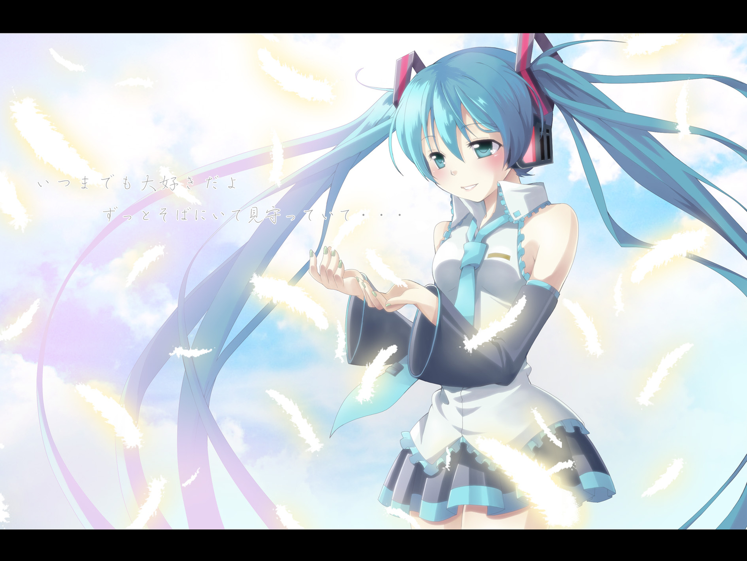 clouds, feathers, haruki_5050, hatsune_miku, sky, vocaloid