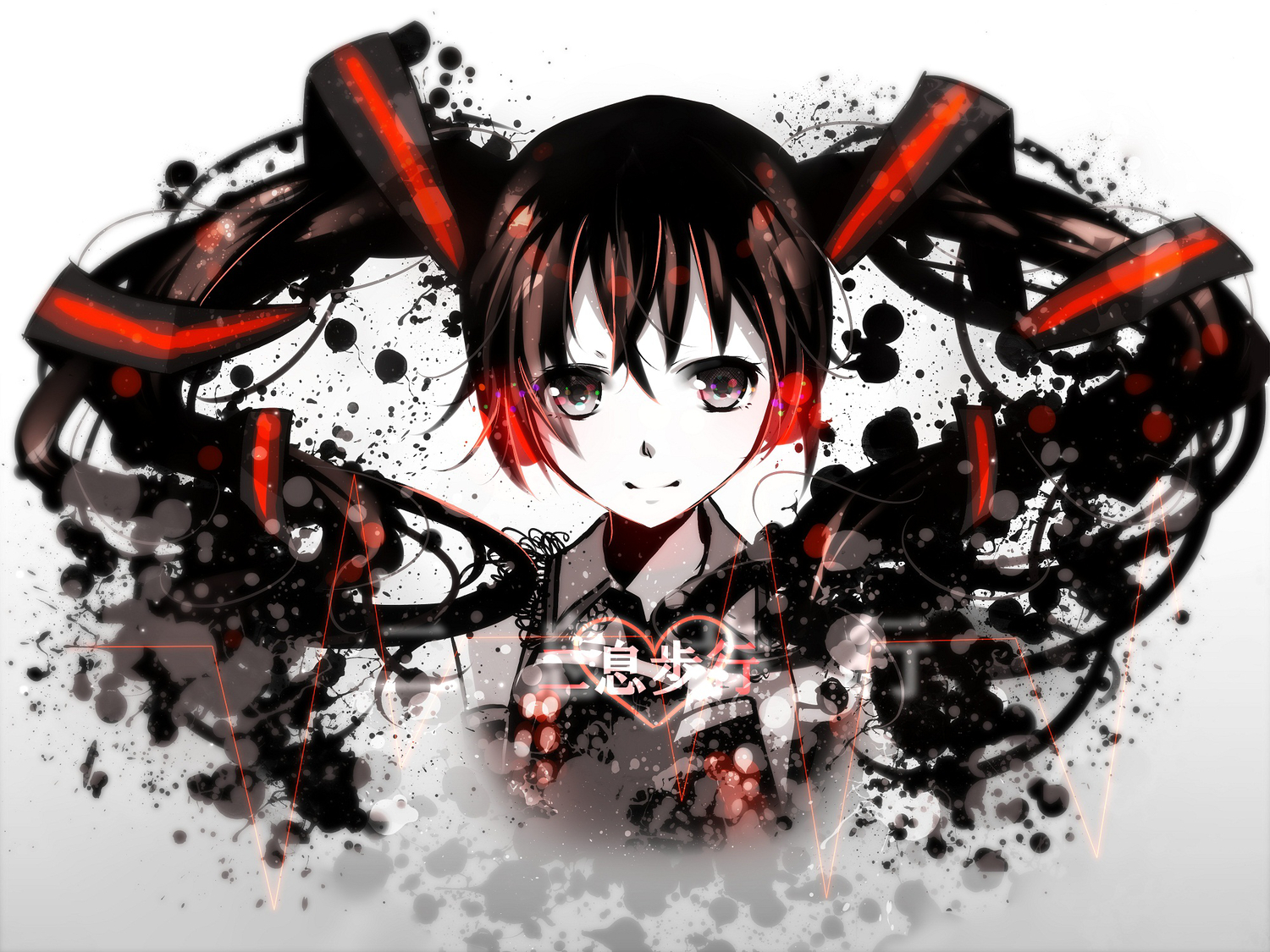 black_eyes, black_hair, close, hatsune_miku, heart, nisoku_hokou_(vocaloid), nou, polychromatic
