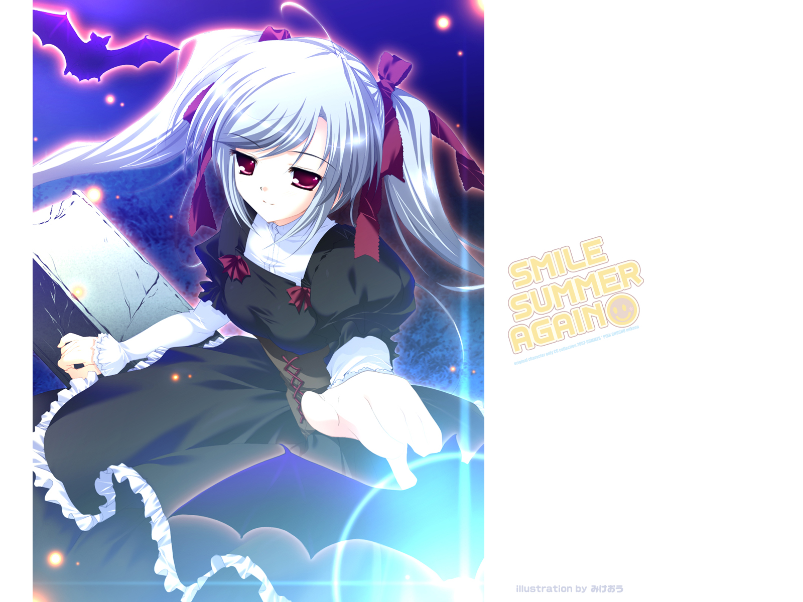 animal, bat, dress, mikeou, pink_chuchu, red_eyes, ribbons, smile_summer_again