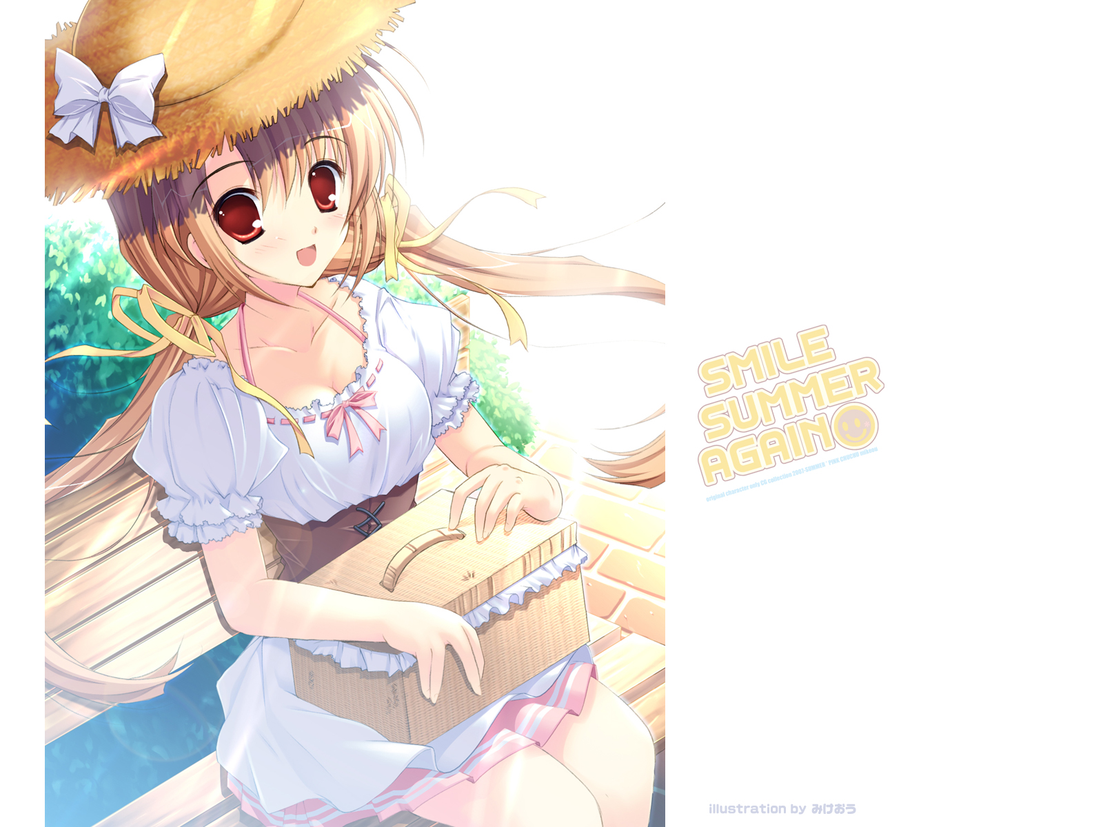 dress, hat, mikeou, pink_chuchu, red_eyes, ribbons, smile_summer_again, white