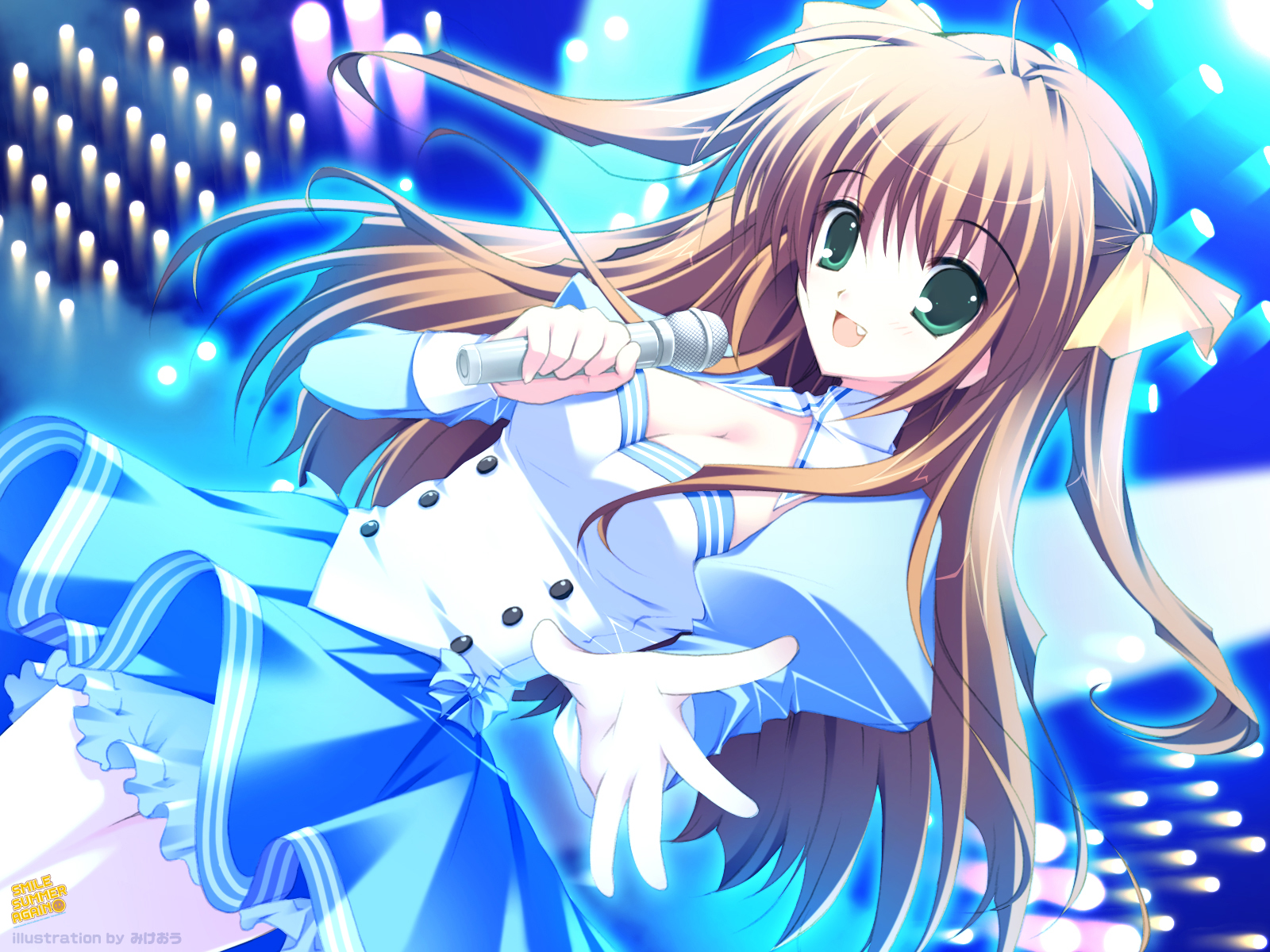 blue, breasts, cleavage, green_eyes, microphone, mikeou, pink_chuchu, skirt, smile_summer_again
