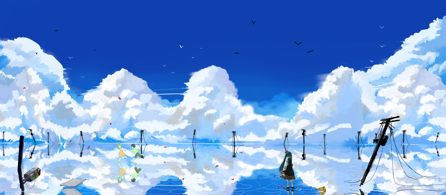 clouds, hatsune_miku, landscape, nasuno, petals, scenic, sky, vocaloid, water