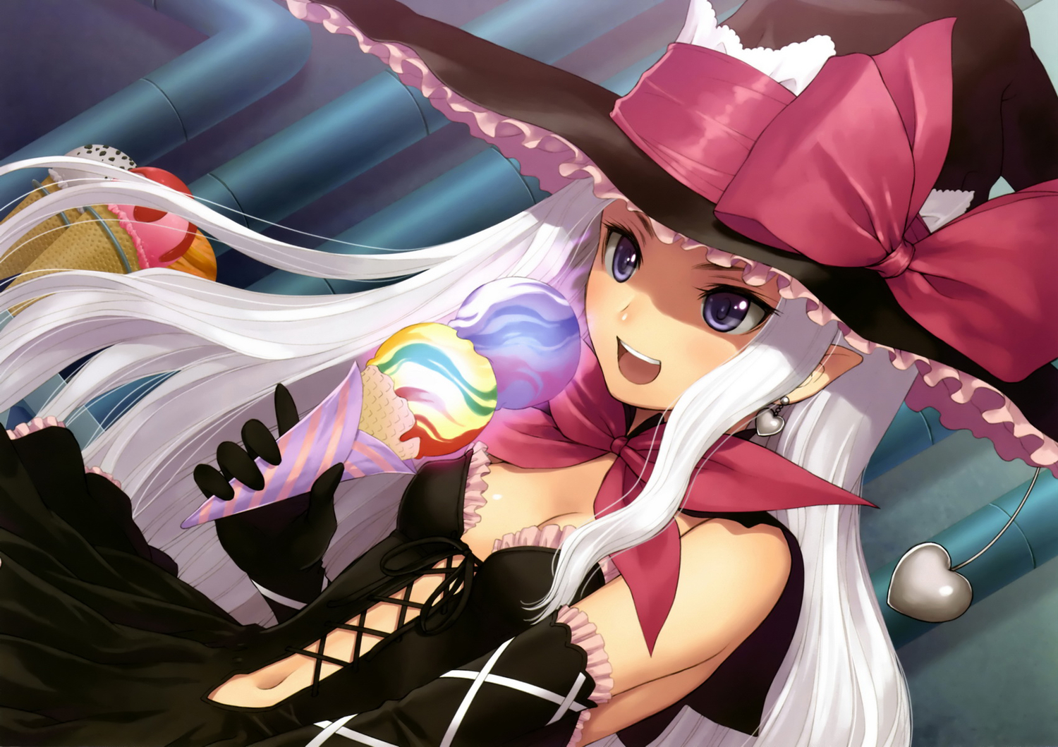 dress, food, hat, ice_cream, long_hair, melty, pointed_ears, shining_hearts, shining_wind, tagme, taka_tony, white_hair