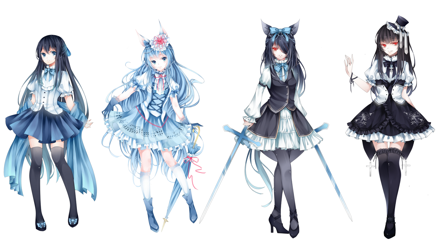 animal_ears, black_hair, blue_eyes, blue_hair, dress, goth-loli, lolita_fashion, long_hair, original, pantyhose, red_eyes, stari, thighhighs, white