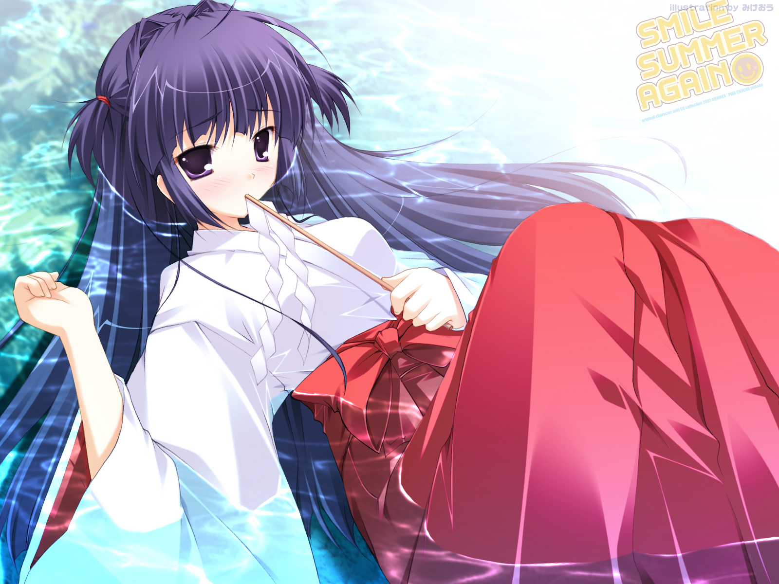 blush, japanese_clothes, long_hair, mikeou, miko, pink_chuchu, purple_eyes, purple_hair