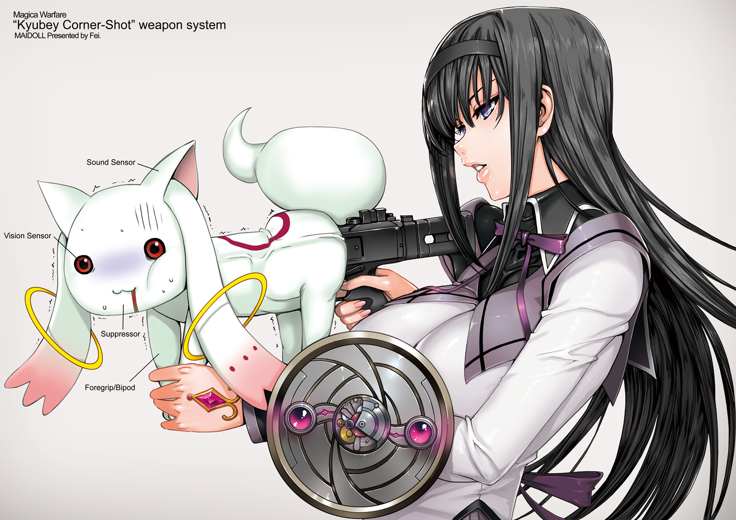 akemi_homura, anal, animal, black_hair, blood, fei_(maidoll), gun, kyuubee, long_hair, mahou_shoujo_madoka_magica, purple_eyes, red_eyes, tattoo, weapon
