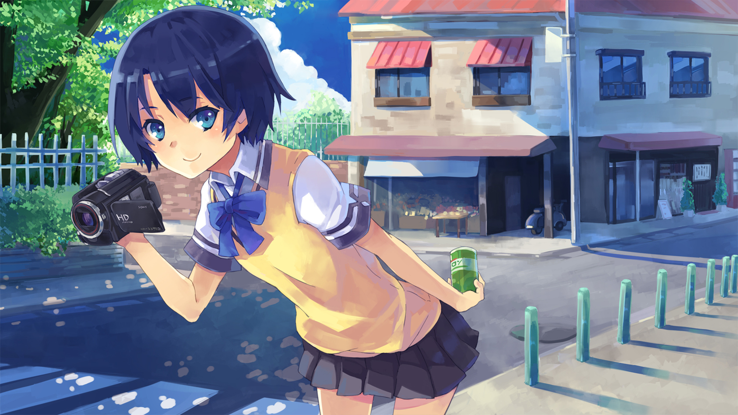 ano_natsu_de_matteru, blue_eyes, blue_hair, camera, hao_(patinnko), school_uniform, tanigawa_kanna