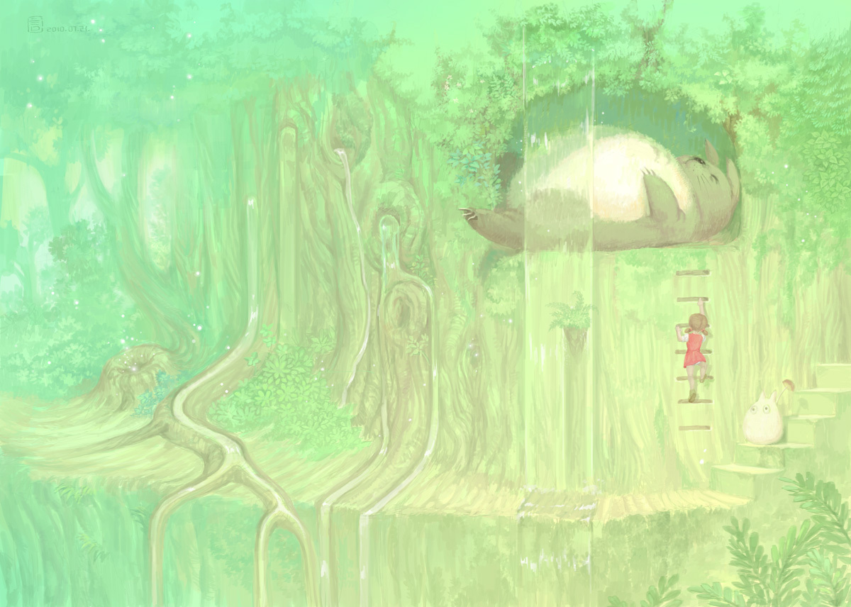 green, kusakabe_mei, mugon, tonari_no_totoro, totoro, tree, water, waterfall