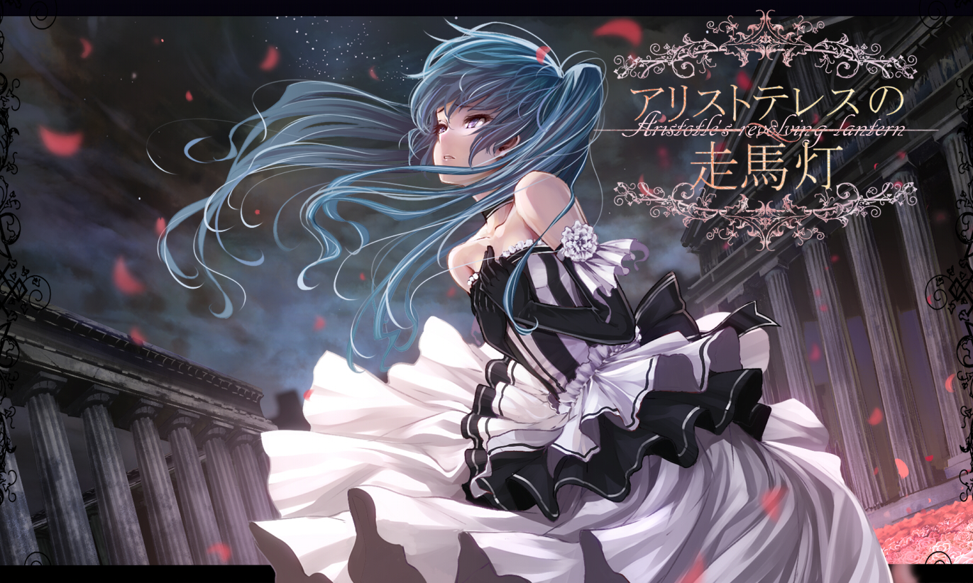 dress, elbow_gloves, gloves, hatsune_miku, long_hair, night, petals, shiokonbu