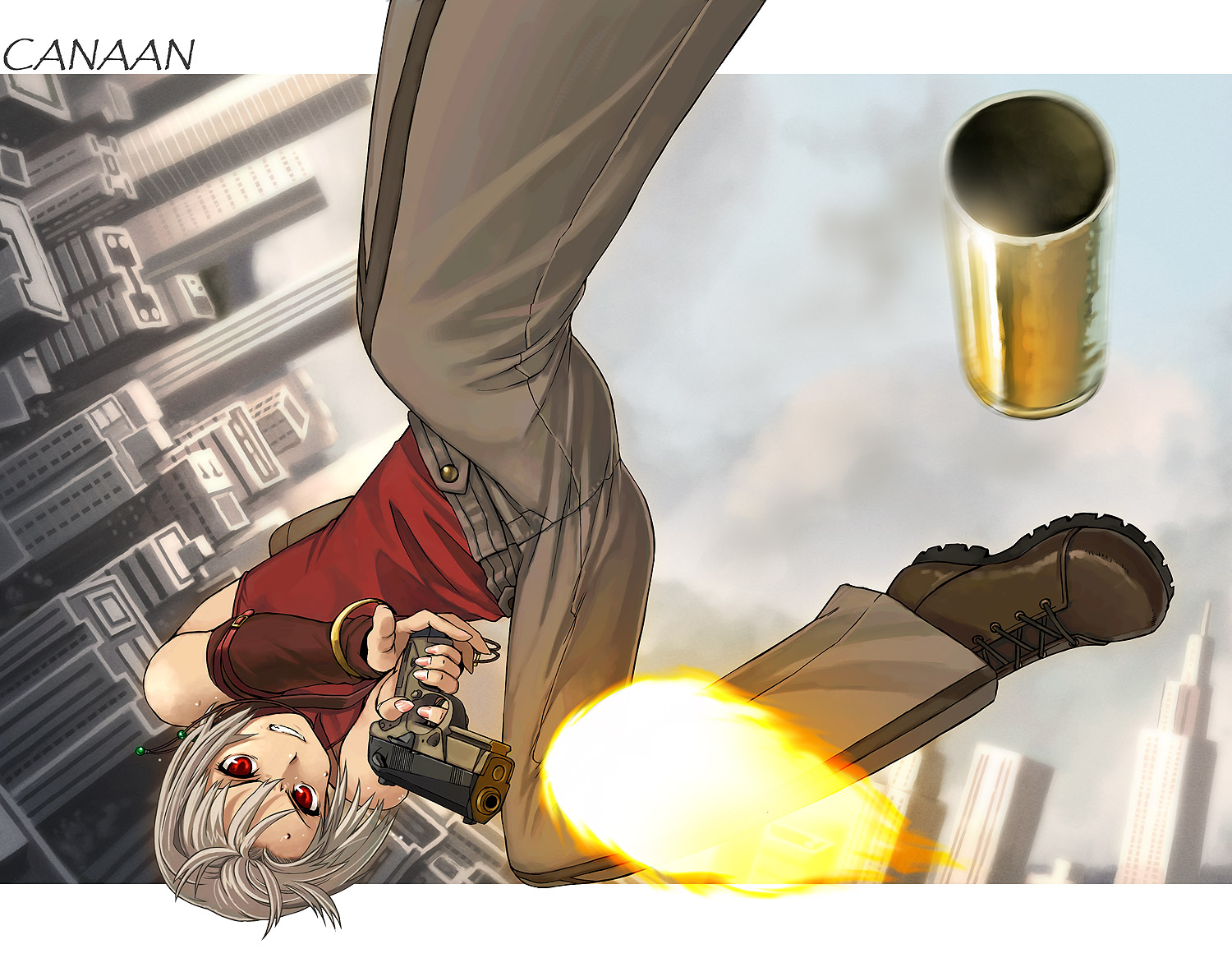 boots, canaan, canaan_(character), gun, itou_(onsoku_tassha), red_eyes, weapon, white_hair