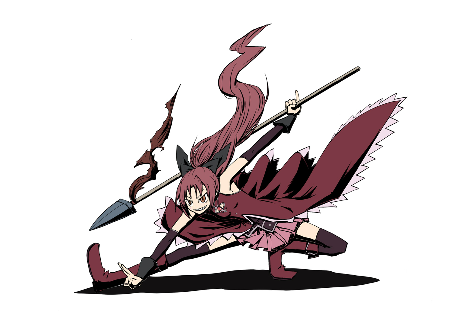 boots, bow, karu_(ishiken), mahou_shoujo_madoka_magica, parody, ponytail, red_eyes, rurouni_kenshin, sakura_kyouko, spear, thighhighs, weapon