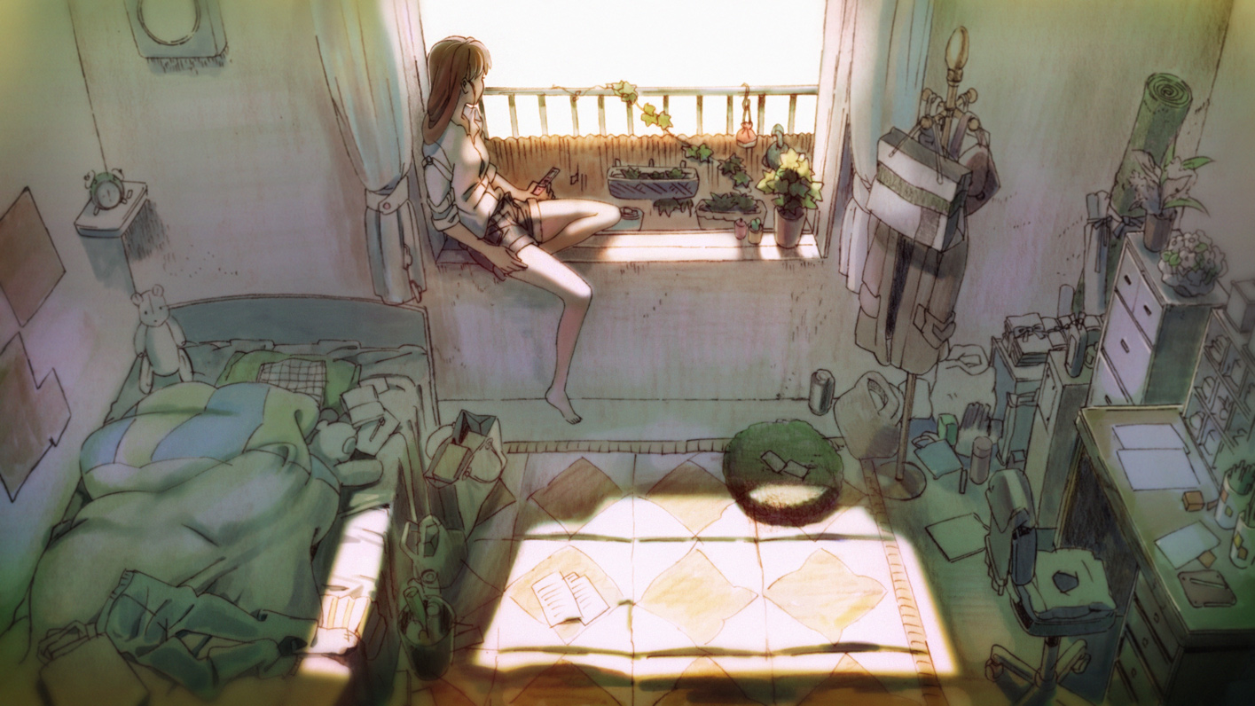 barefoot, bed, brown_hair, flowers, original, paper, shorts, teddy_bear, umishima_senbon