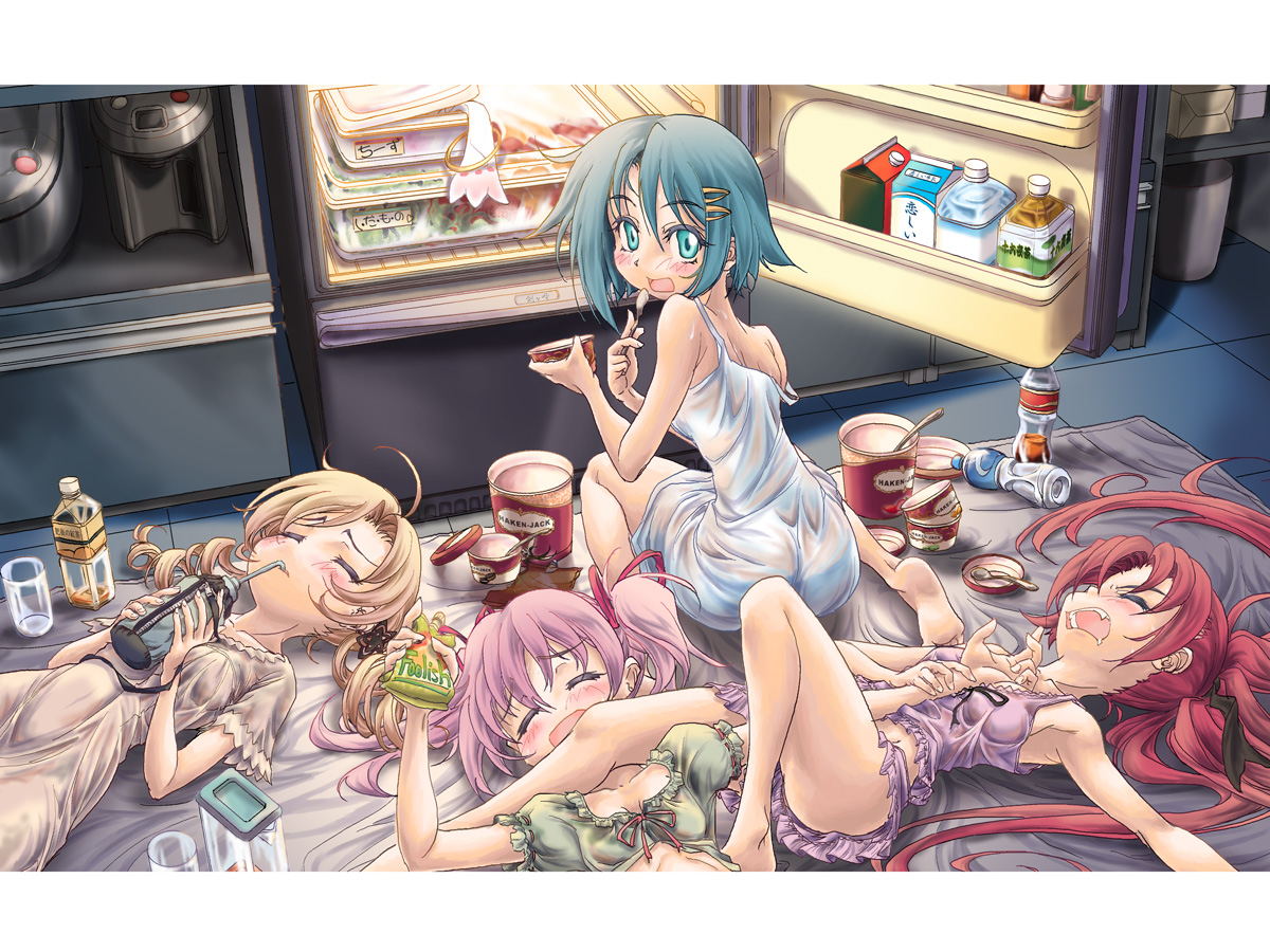 dress, drink, food, kaname_madoka, kyuubee, mahou_shoujo_madoka_magica, miki_sayaka, naka_(nicovideo14185763), sakura_kyouko, sleeping, tomoe_mami