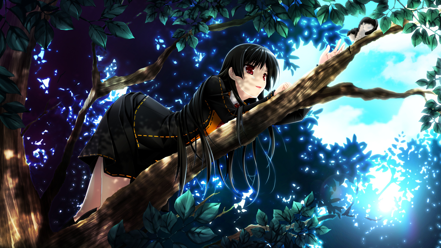 animal, black_hair, cat, game_cg, ichinose_yua, makita_maki, school_uniform, shinigami_no_testament, tree