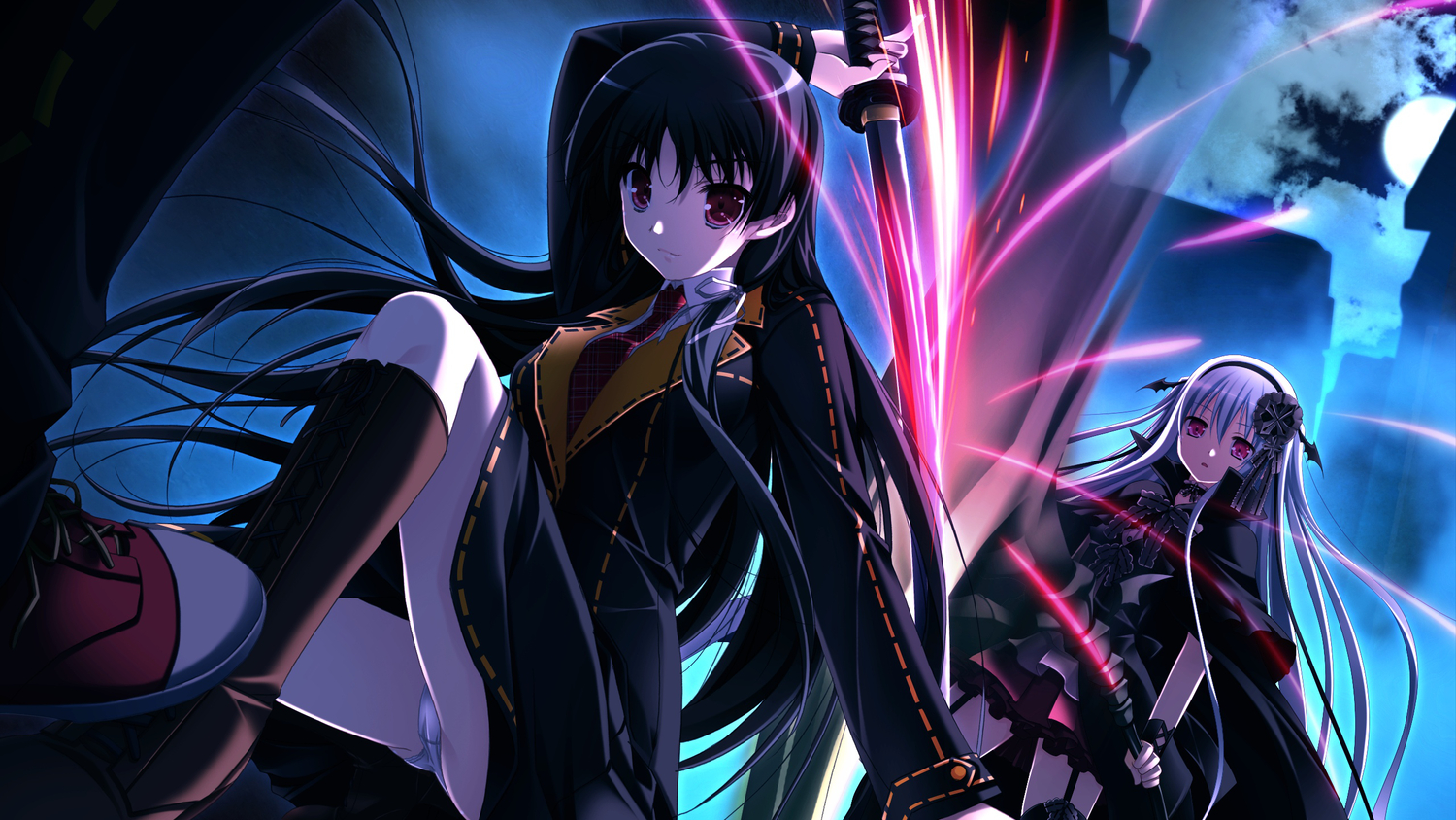 game_cg, ichinose_yua, makita_maki, night, panties, school_uniform, shinigami_no_testament, sword, underwear, vivi_alhazerd, weapon