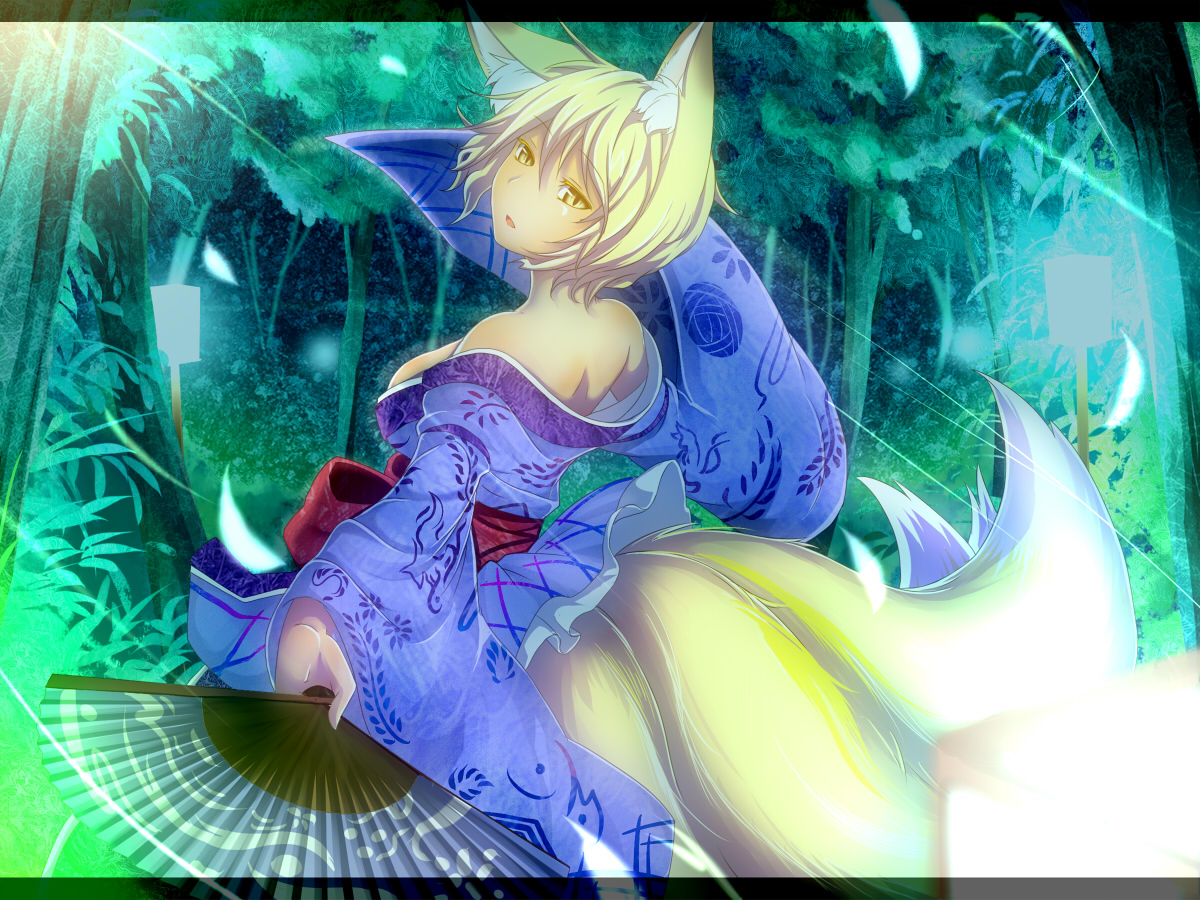 animal_ears, blonde_hair, fan, foxgirl, japanese_clothes, multiple_tails, tail, tamahana