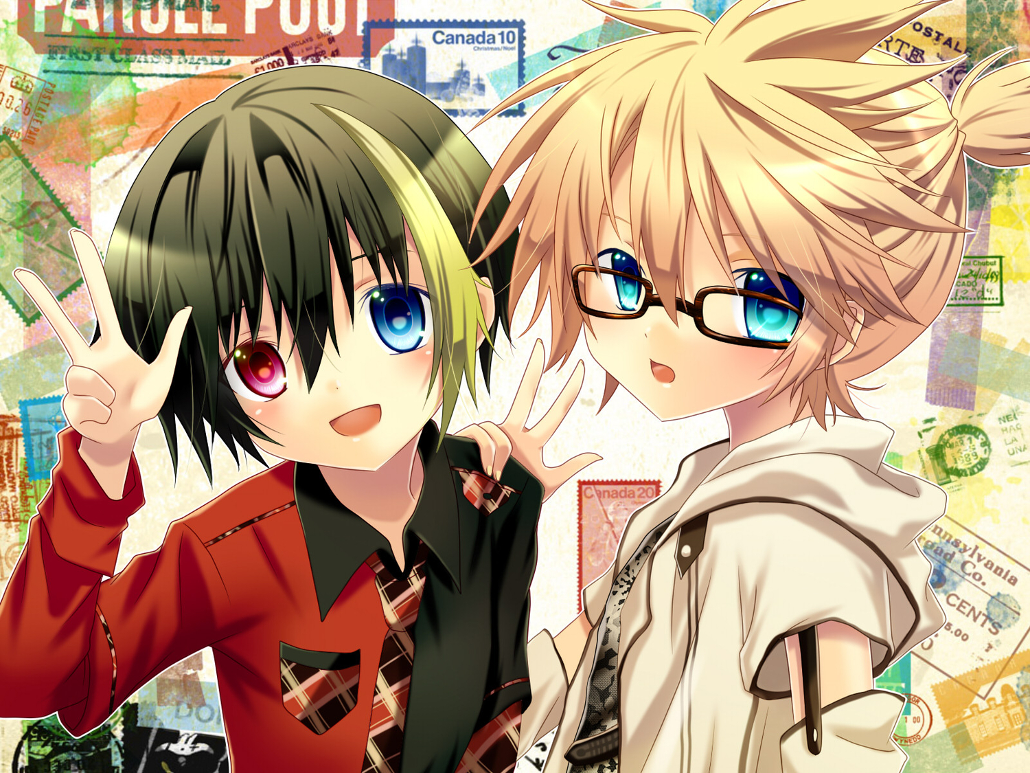 all_male, aqua_eyes, bicolored_eyes, blonde_hair, brown_hair, glasses, kagamine_len, male