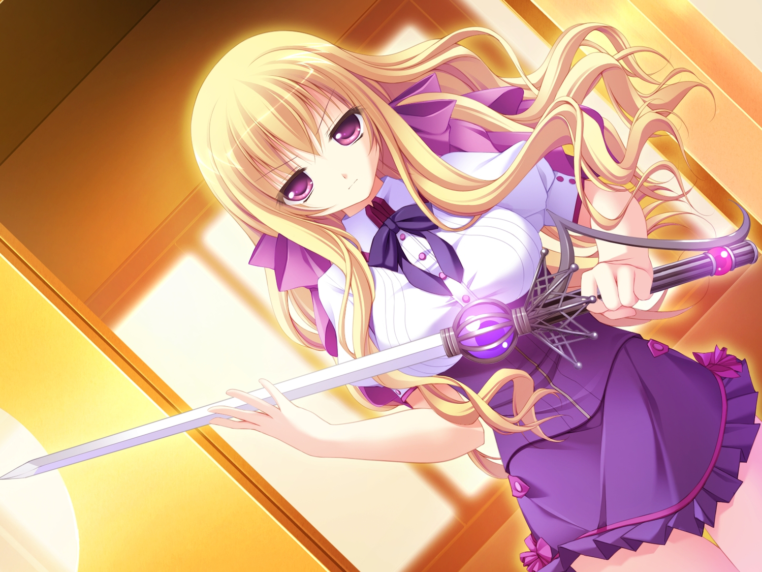 blonde_hair, derivara!, game_cg, purple_eyes, sword, takachihou_kyouko, weapon