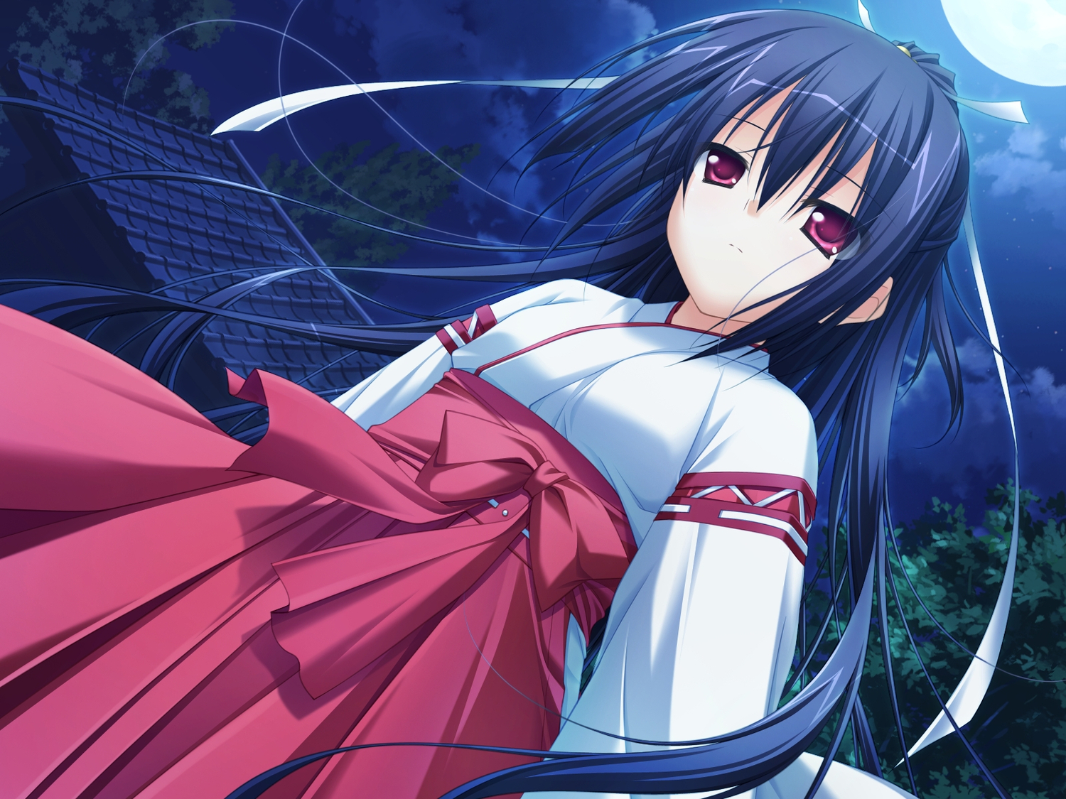 black_hair, derivara!, game_cg, japanese_clothes, miko, mikogami_mikoto, moon, red_eyes