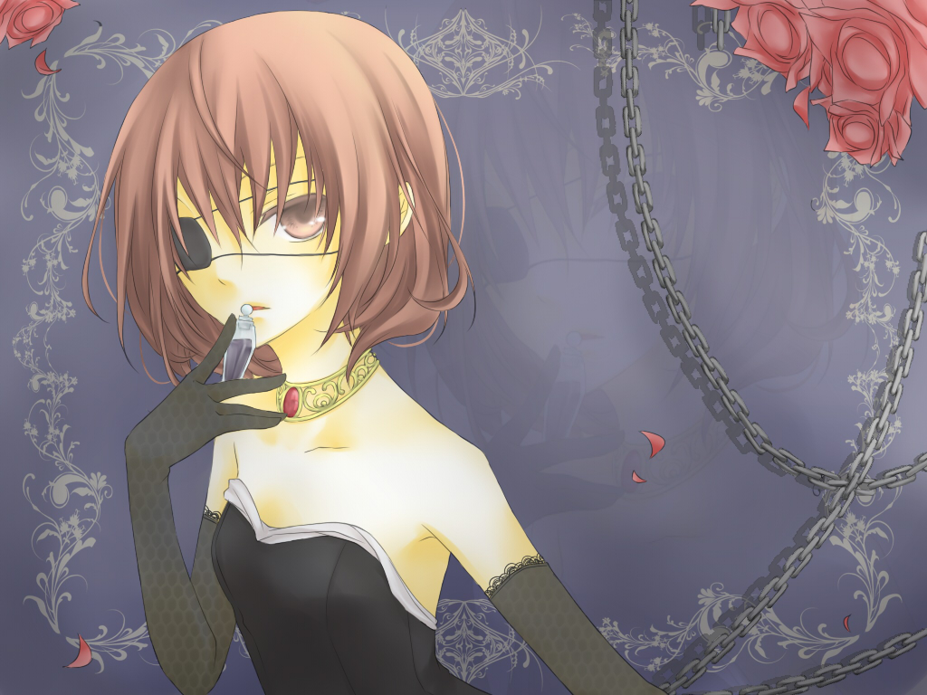 chain, elbow_gloves, eyepatch, flowers, gloves, kuroi_(liar-player), necklace, nico_nico_singer, petals, rose, shialu_(singer), short_hair