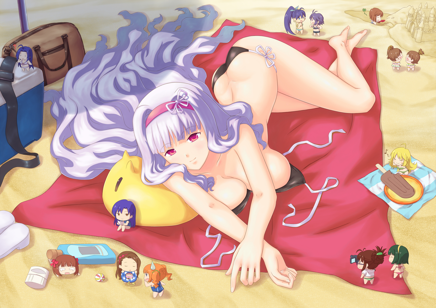akizuki_ritsuko, amami_haruka, bikini, breasts, chibi, cleavage, futami_ami, futami_mami, ganaha_hibiki, hagiwara_yukiho, hoshii_miki, idolmaster, kikuchi_makoto, kisaragi_chihaya, minase_iori, miura_azusa, moonhackle, otonashi_kotori, shijou_takane, swimsuit, takatsuki_yayoi, twins