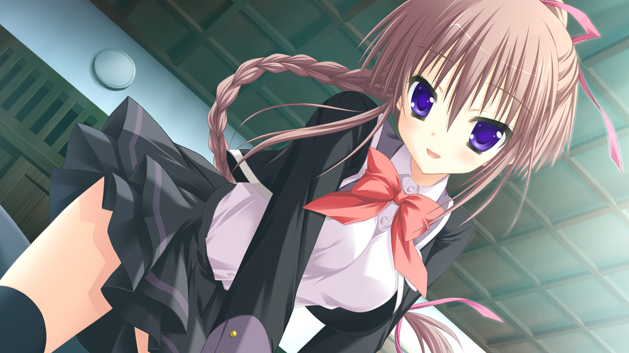 bow, brown_hair, game_cg, hatsuyuki_sakura, kozakai_aya, long_hair, ponytail, purple_eyes