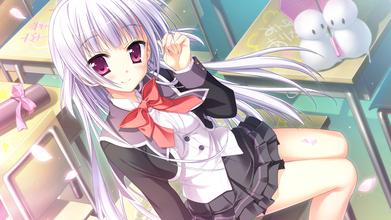 bow, game_cg, hatsuyuki_sakura, hontani_kanae, long_hair, petals, pink_eyes, saga_planets