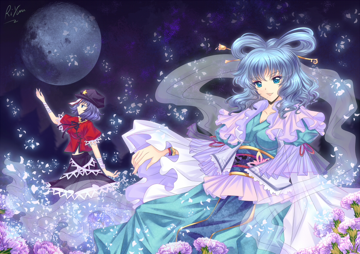 2girls, blue_eyes, blue_hair, flowers, halodark, hat, kaku_seiga, miyako_yoshika