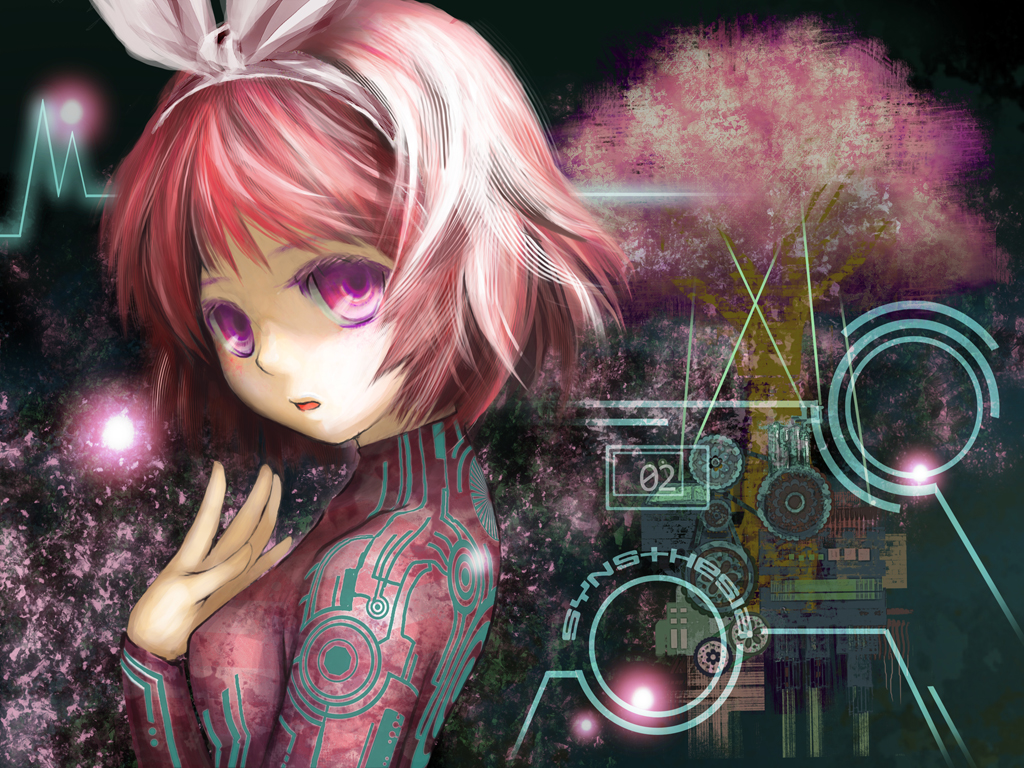 bodysuit, kagamine_rin, pink_eyes, pink_hair, ribbons, short_hair, skintight, suishougensou