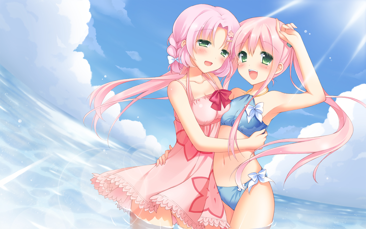 2girls, bikini, cafe_sourire, clouds, dress, mizushima_kasumi, mizushima_serika, navel