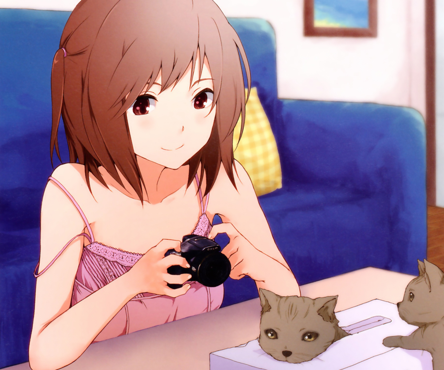 animal, brown_eyes, brown_hair, camera, cat, nishiuri_warito, original, scan