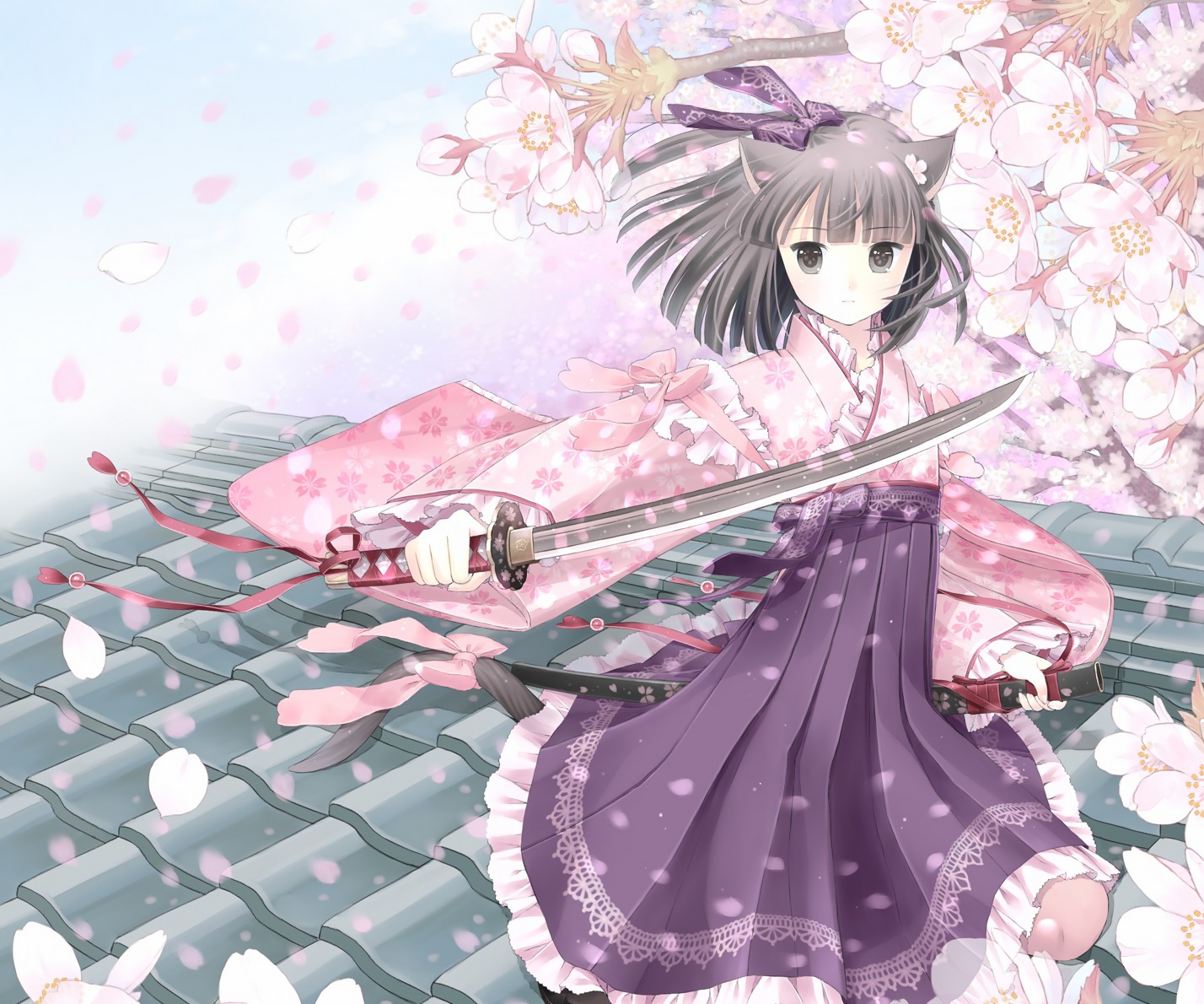 animal_ears, catgirl, cherry_blossoms, flowers, katana, kuroinu, original, sword, tail, weapon