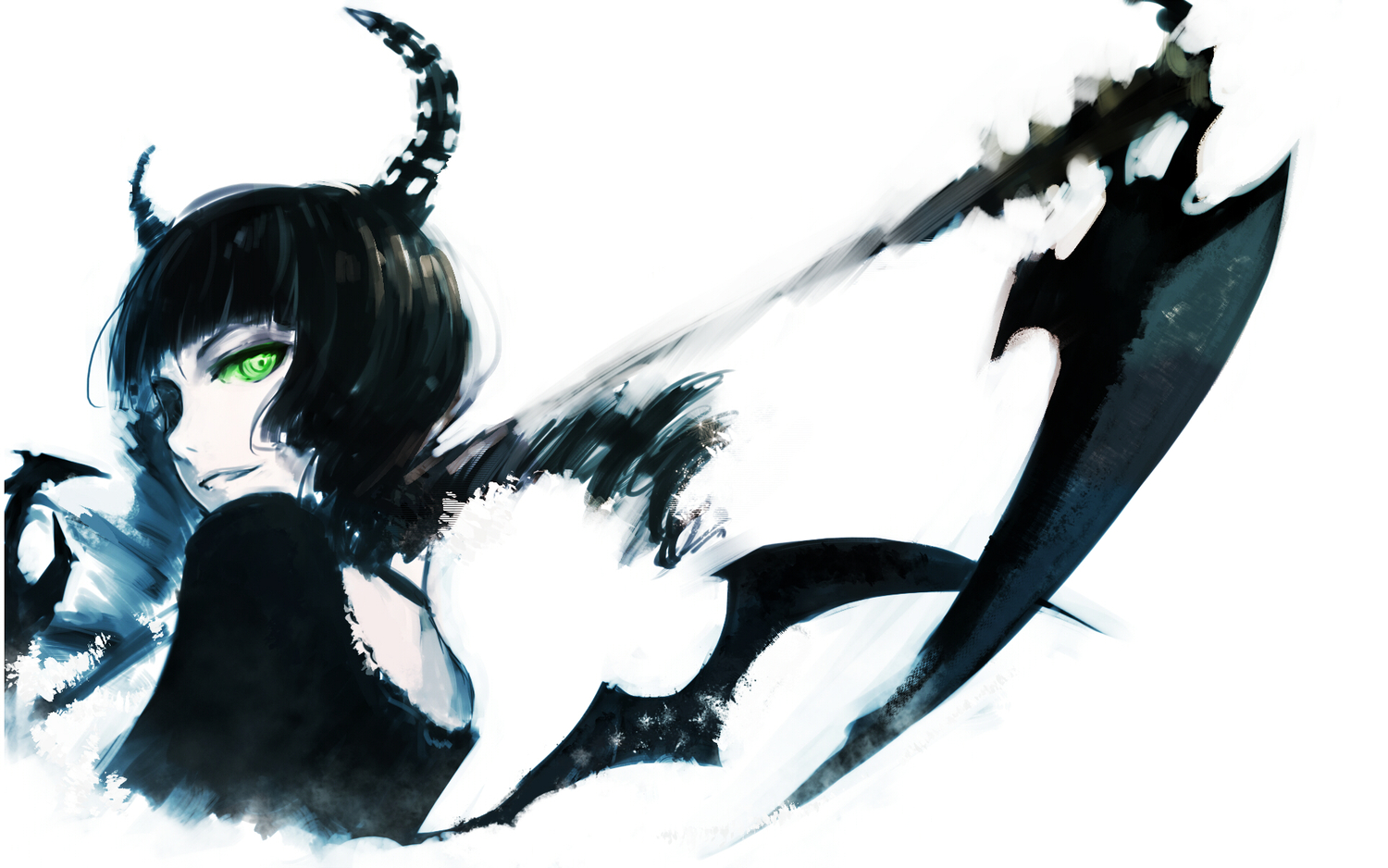 black_rock_shooter, green_eyes, horns, scythe, sola7764, takanashi_yomi, weapon, white