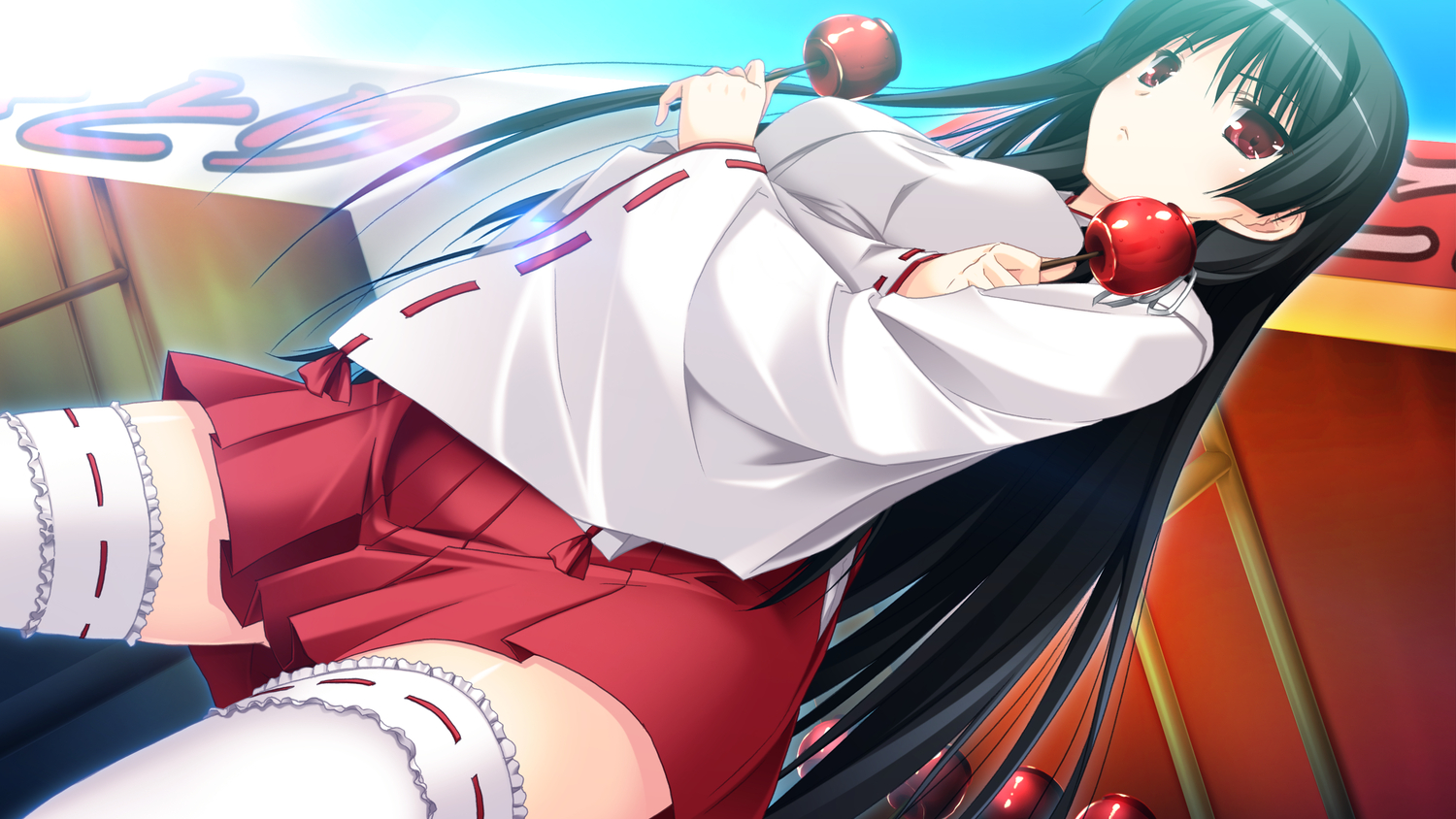 apple, black_hair, candy, food, fruit, game_cg, ichinose_yua, japanese_clothes, long_hair, makita_maki, miko, red_eyes, shinigami_no_testament, thighhighs, zettai_ryouiki