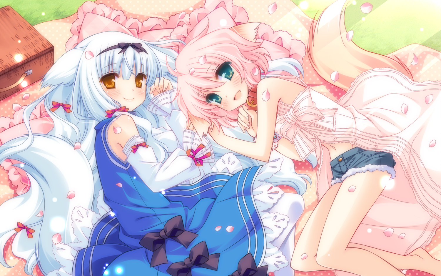 2girls, animal_ears, doggirl, inugahora_an, lily_(w&l), petals, tail, wanko
