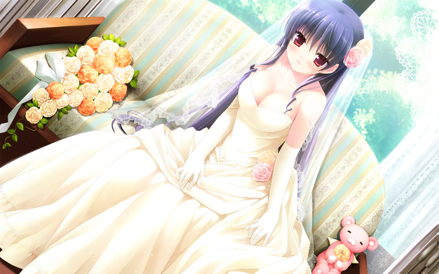 breasts, cleavage, couch, elbow_gloves, flowers, gloves, kanekiyo_miwa, natsu_no_ame