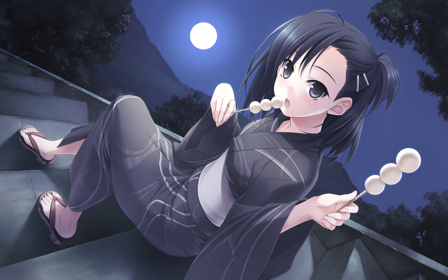 food, hashimoto_takashi, japanese_clothes, kuranaga_kozue, moon, night, sphere, yosuga_no_sora, yukata