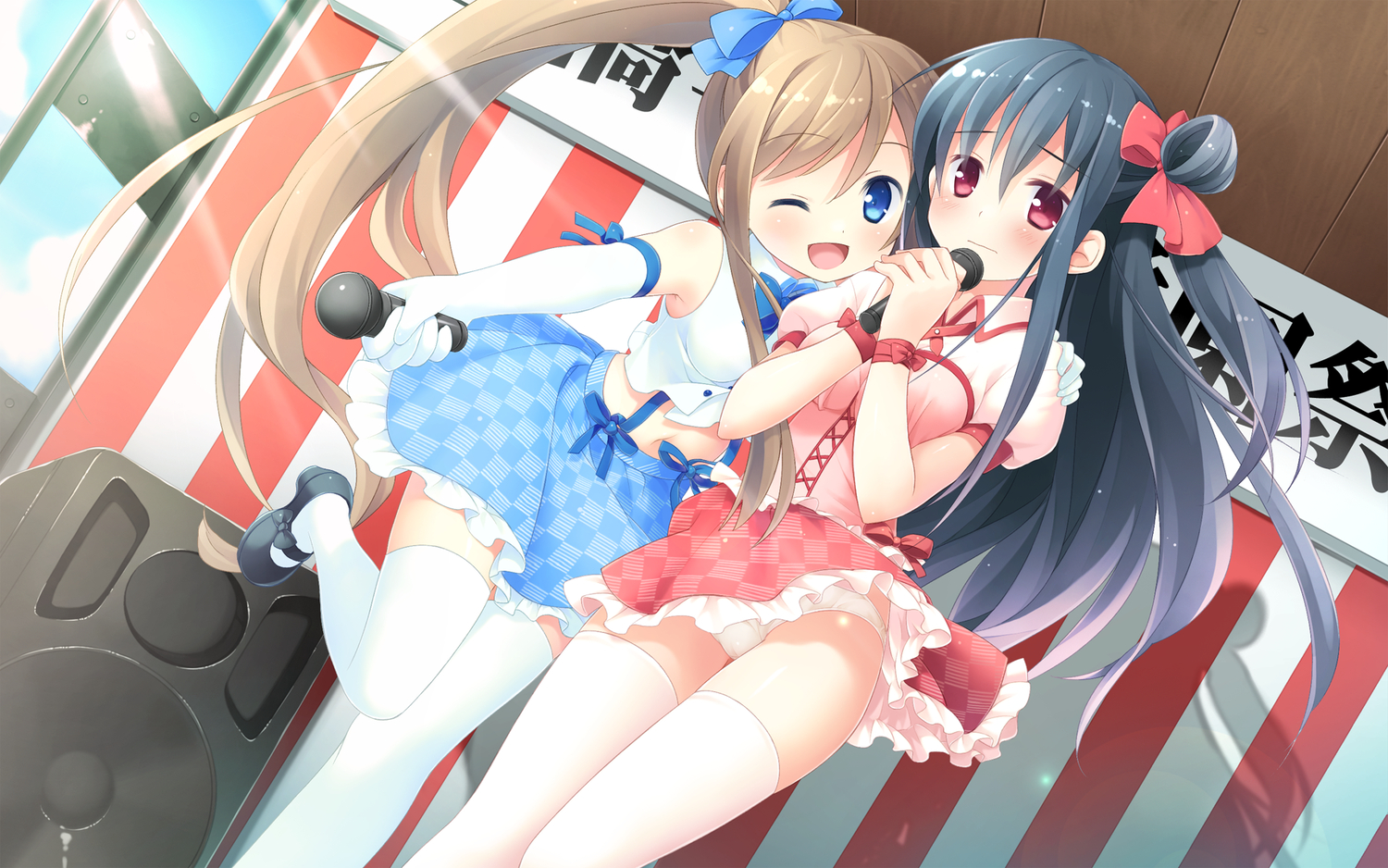 2girls, blush, microphone, miyazawa_midori, natsu_no_ame, panties, segawa_rikako, suimya