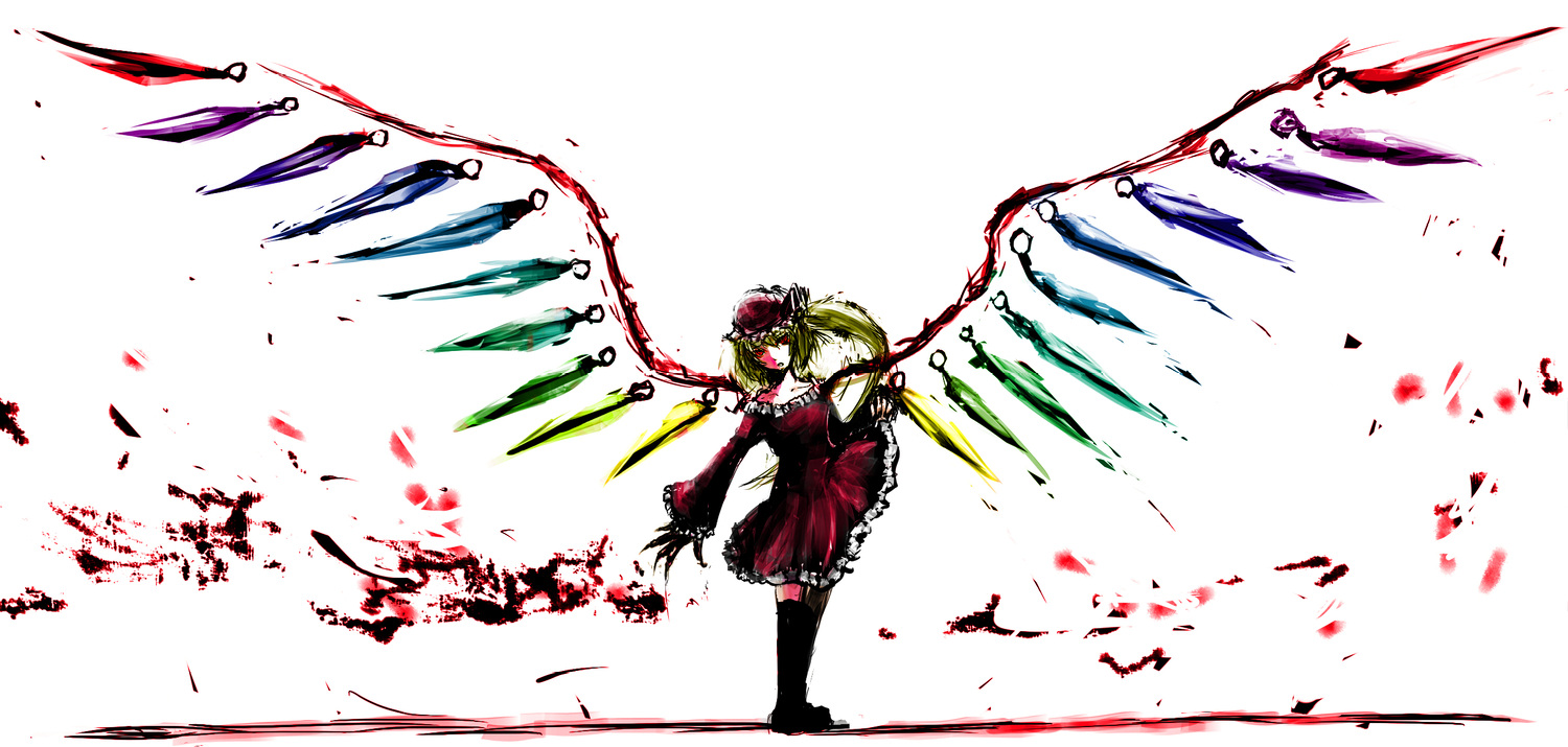31_violence, blood, dress, flandre_scarlet, hat, polychromatic, touhou, vampire, white, wings