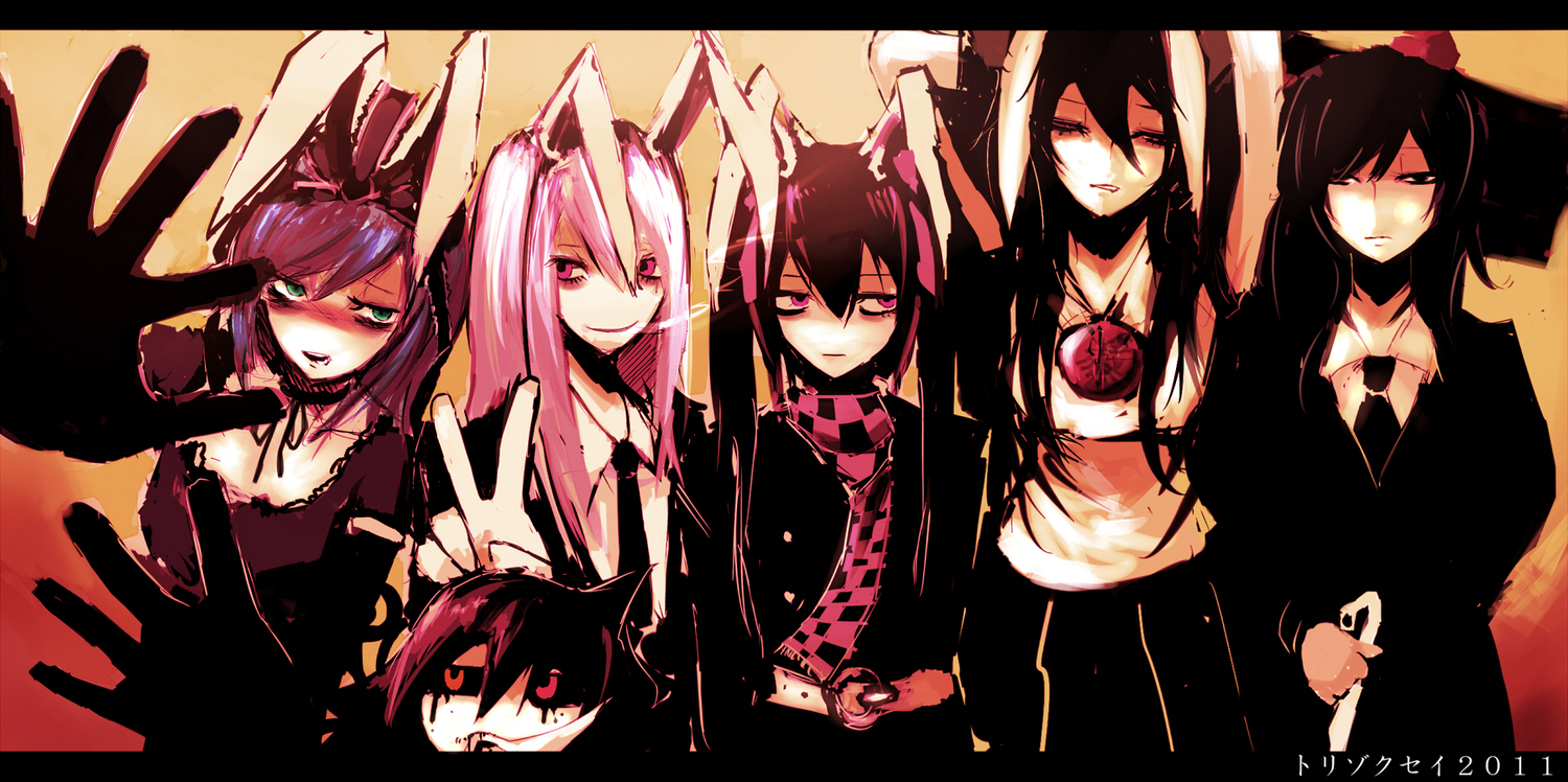 31_violence, animal_ears, bunny_ears, bunnygirl, himekaidou_hatate, houjuu_nue, kagiyama_hina, reisen_udongein_inaba, reiuji_utsuho, shameimaru_aya, suit, touhou
