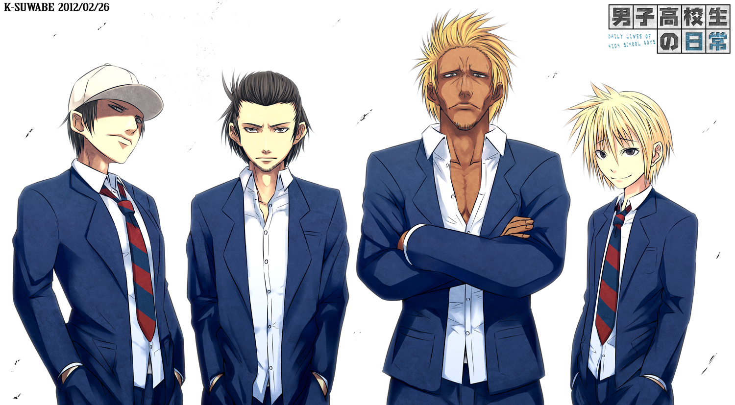 all_male, danshi_koukousei_no_nichijou, karasawa_toshiyuki, kei-suwabe, male, motoharu, president_(danshi_koukousei), school_uniform, tie, vice_president_(danshi_koukousei)