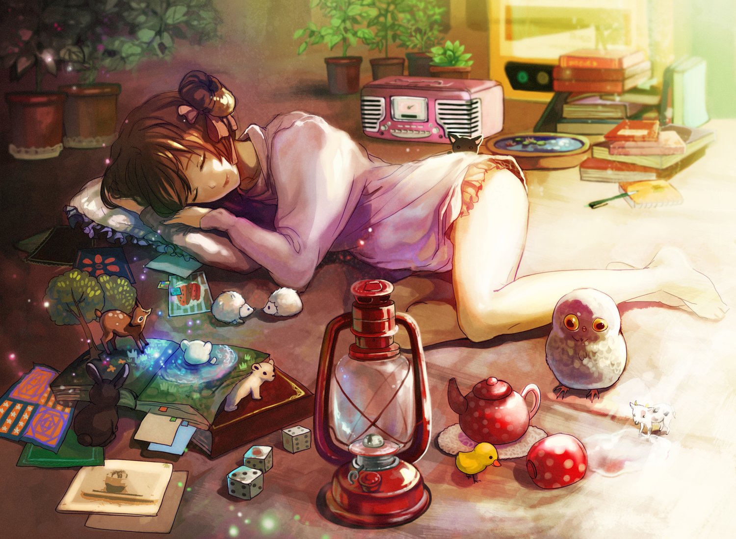 animal, barefoot, bear, bird, book, brown_hair, cat, duck, original, owl, rabbit, saya_(mychristian2), short_hair, sleeping, tree