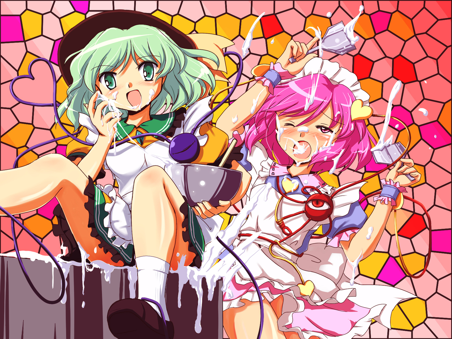 dress, flx, green_hair, hat, komeiji_koishi, komeiji_satori, pink_hair, touhou