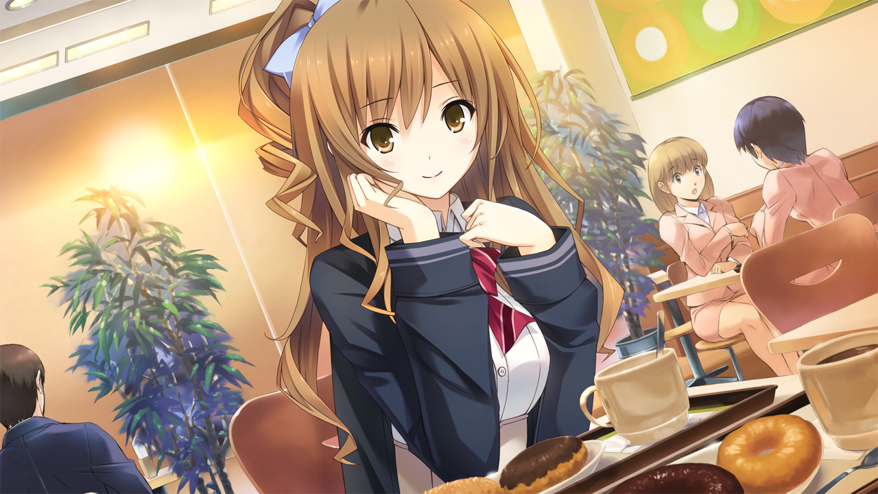 black_hair, brown_hair, candy, chocolate, food, game_cg, giga, haruhino_misaki, hotchkiss, long_hair, mikoto_akemi, school_uniform, short_hair, skirt, yellow_eyes
