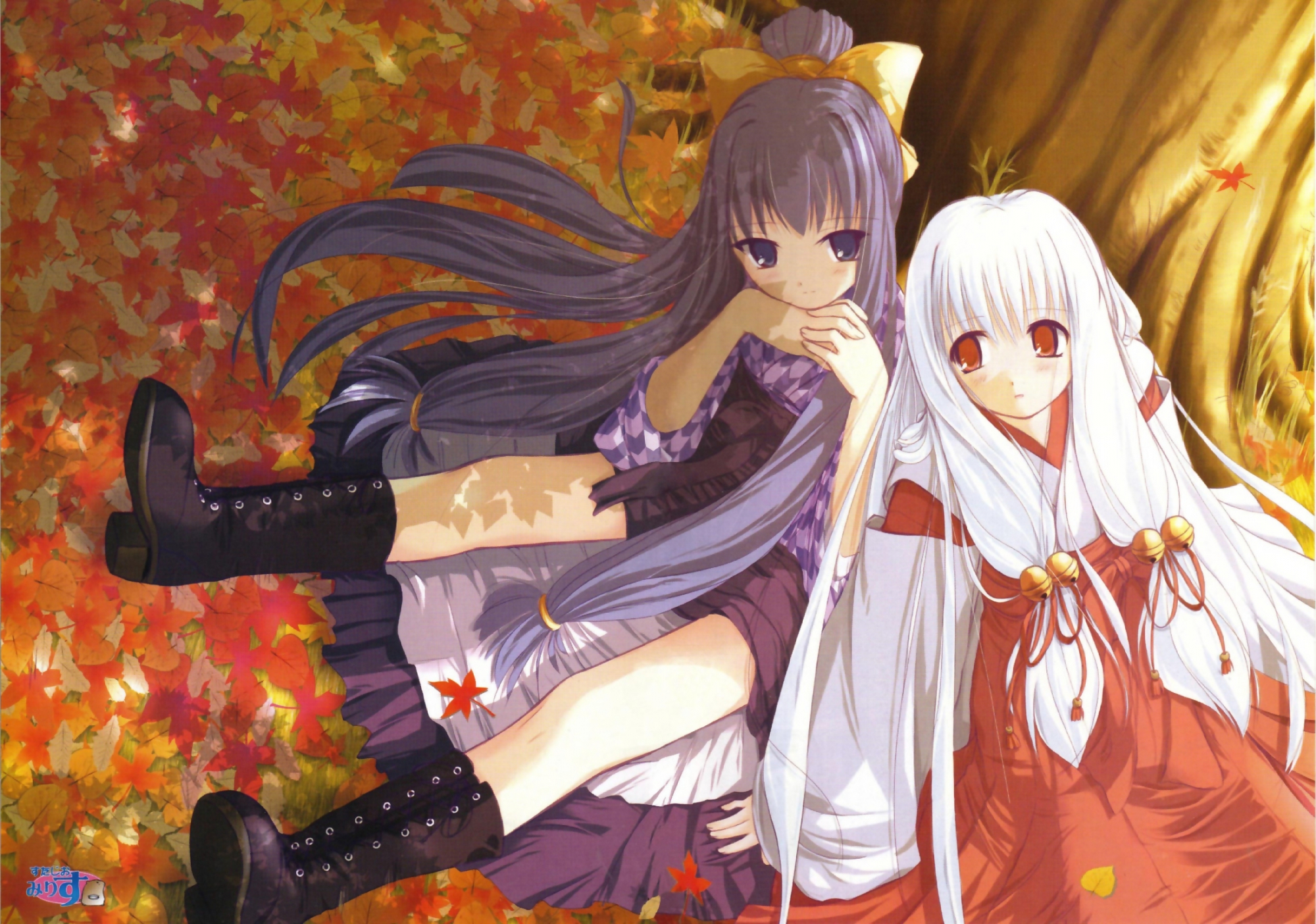 2girls, arima_mitsuki, arima_yuzu, boots, japanese_clothes, nimura_yuushi, red_eyes, tsukikagerou