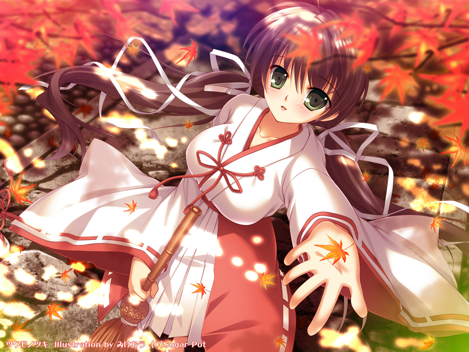 autumn, brown_hair, japanese_clothes, leaves, mikeou, miko, sugar_pot, tsukumonotsuki, twintails