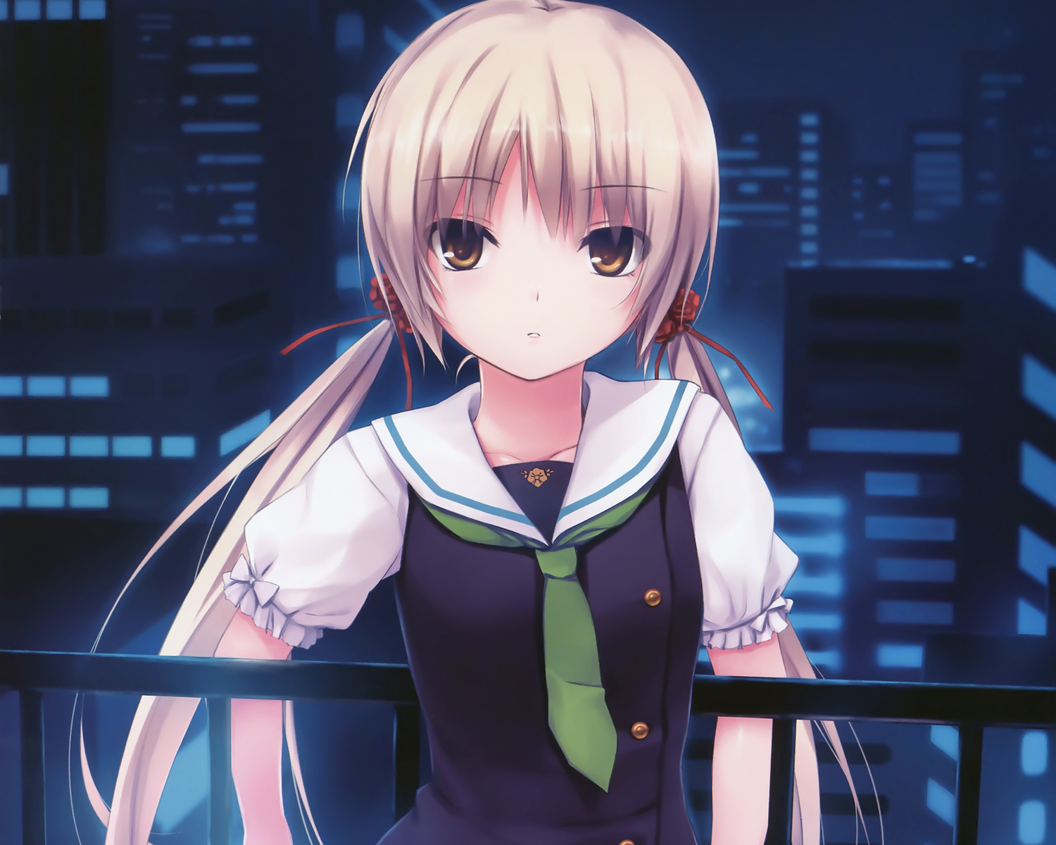 blonde_hair, brown_eyes, building, city, coffee-kizoku, long_hair, miyagawa_miyako, night, rooftop, root_nuko, school_uniform, tie, twintails, worlds_and_world's_end