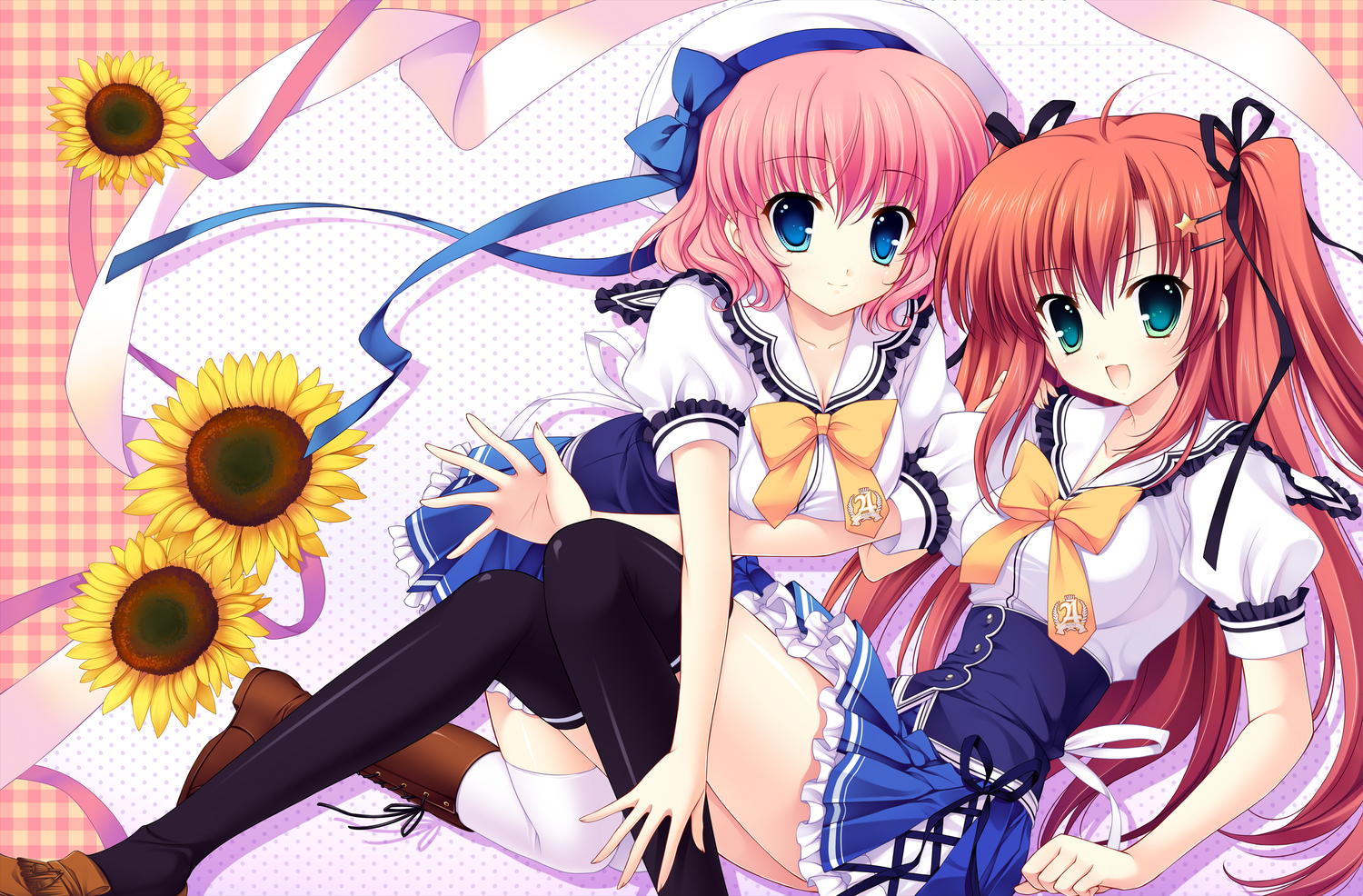 2girls, himezono_risa, mitha, nanawind, pink_hair, red_hair, school_uniform, takasaki_honoka