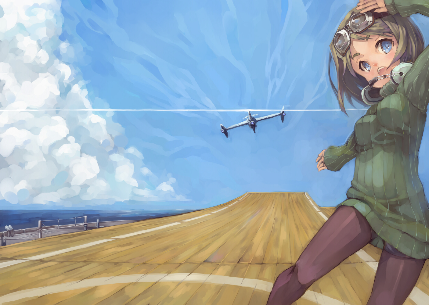 aircraft, black_eyes, brown_hair, clouds, goggles, headphones, original, short_hair